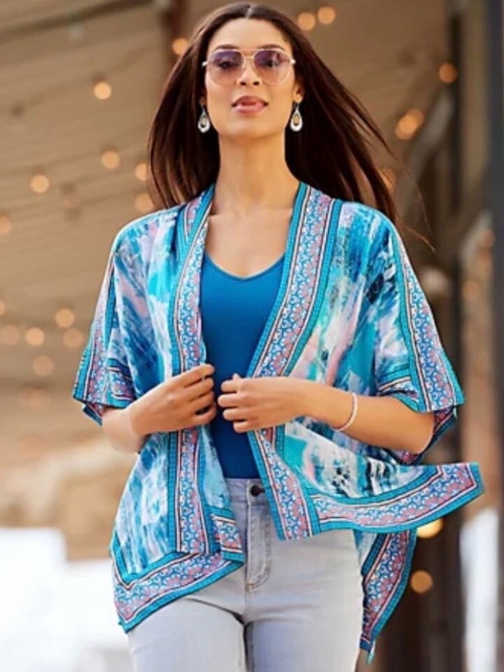 TOLANI Raelyn Aqua Blue Boho Print Open Front Kimono XL Beachy Resort Coastal